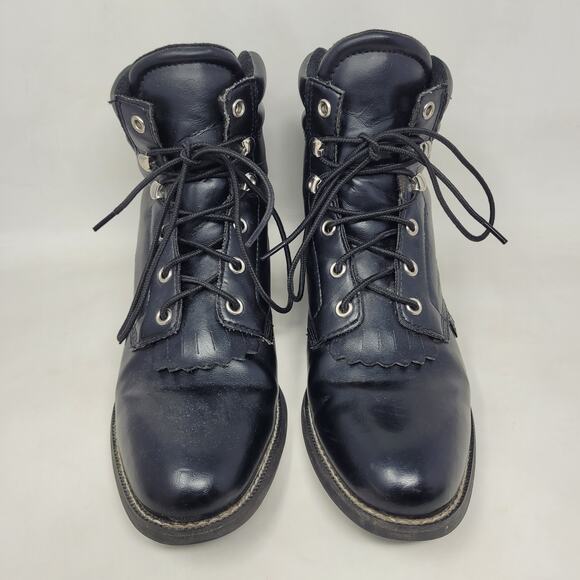 Justin Boots Womens 8B Black Leather Western Lace Up Tassel Rodeo Bootie JBL400 - Picture 4 of 12